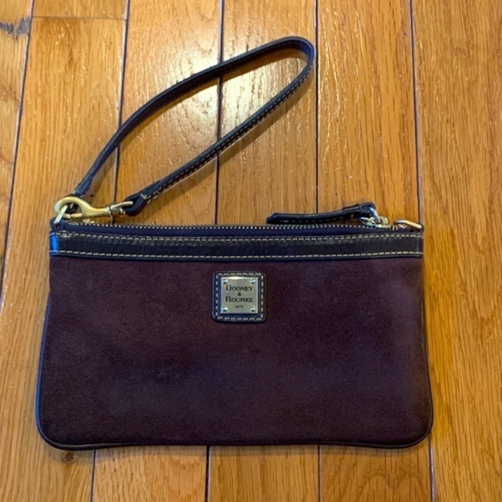 Dooney & Bourke suede brown Zip top Wristlet Wallet ID Holder purse 8” x 4.5”